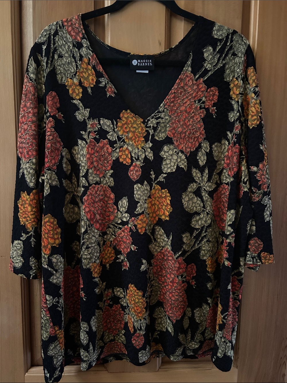 Maggie Barnes Black V-Neck Floral Tunic with Red and Gold Blooms